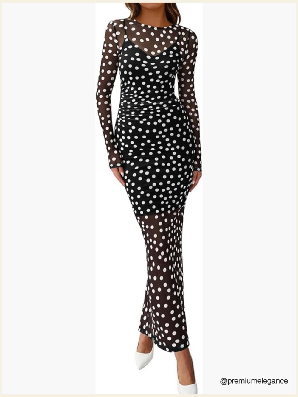 2 Piece Mesh Bodycon Maxi Dress Set Long Sleeve Polka Dot Slip Dress